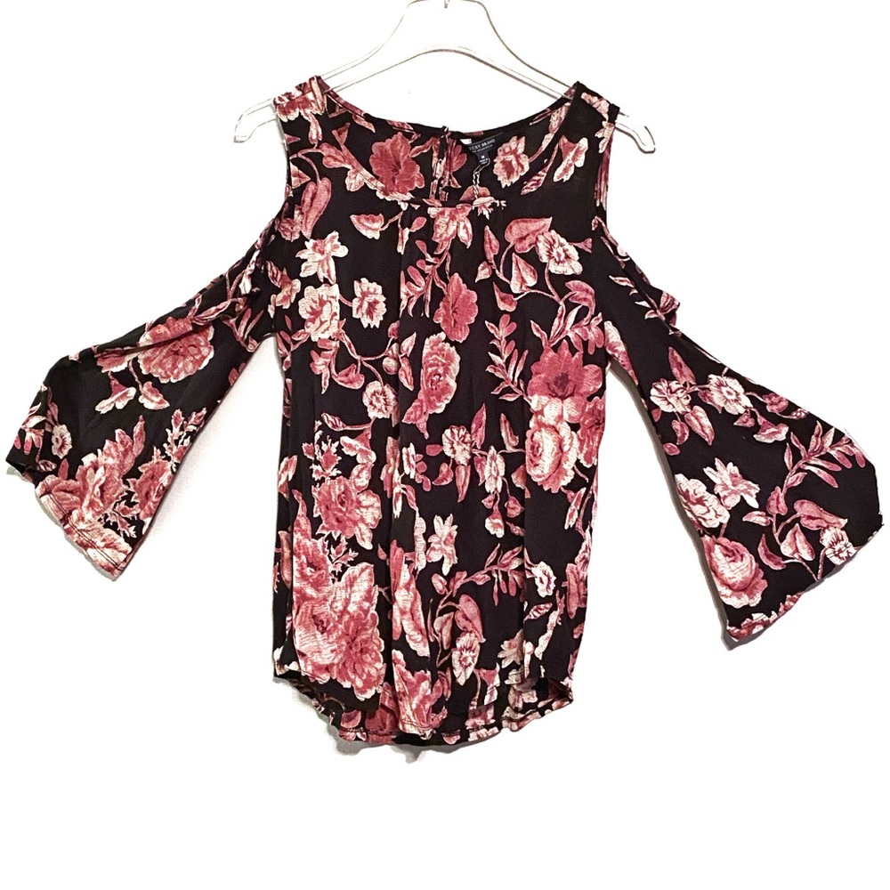 Lucky Brand Cold Shoulder Floral Black Top